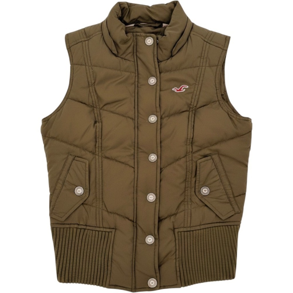 Hollister Puffer Vest Womens Size S Olive Green Quilted Ribbed Hem Outerwear